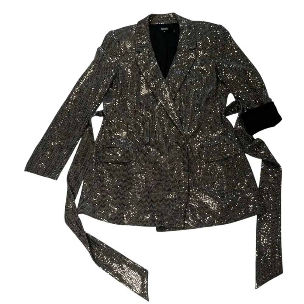 Badgley Mischka Gold Sequin Embellished Belted Blazer‎ & Matching Trousers Set - Picture 3 of 15
